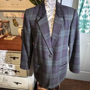 Vintage Sag Harbor Size 10 P Wool Blend Green Blue Tartan One Button Blazer.